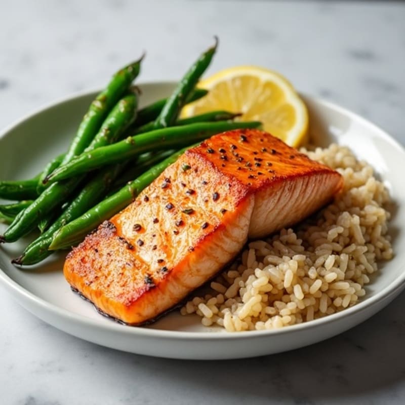 Seared Salmon Filet with Garlic Green Beans and Brown Rice