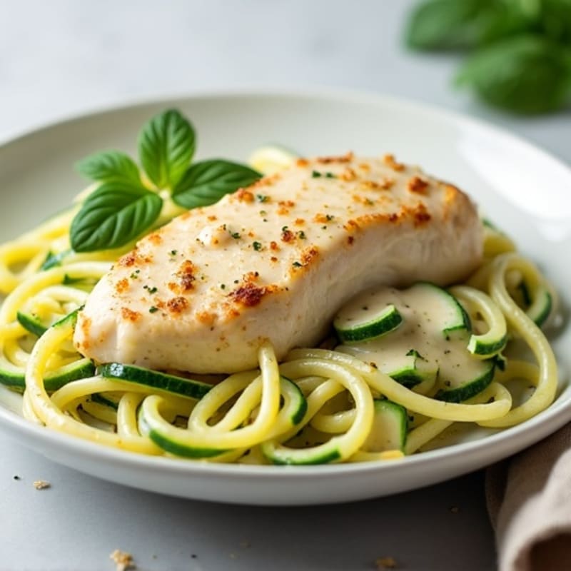 Creamy Cauliflower Alfredo Chicken with Zucchini Noodles