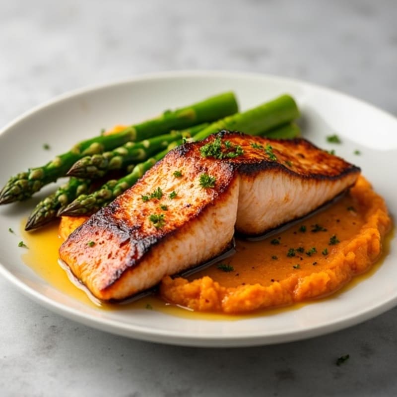 Seared Salmon with Roasted Asparagus and Sweet Potato Mash