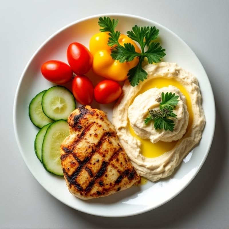 Lemon-Herb Grilled Chicken with Creamy Hummus and Fresh Crisp Vegetables