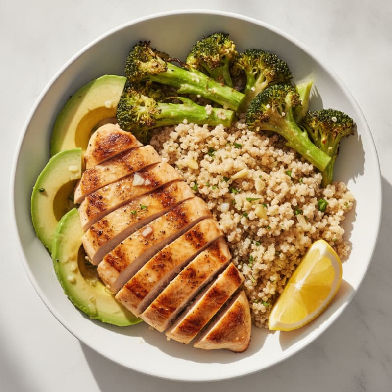 Grilled Chicken and Quinoa Power Bowl with Roasted Broccoli
