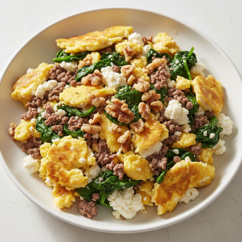 Scrambled Eggs with Cottage Cheese and Sautéed Spinach