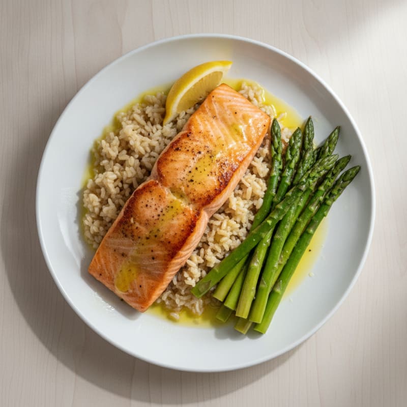 Seared Salmon with Steamed Asparagus and Brown Rice