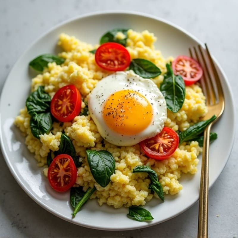 Fluffy Egg Scramble with Sautéed Greens and Cherry Tomatoes