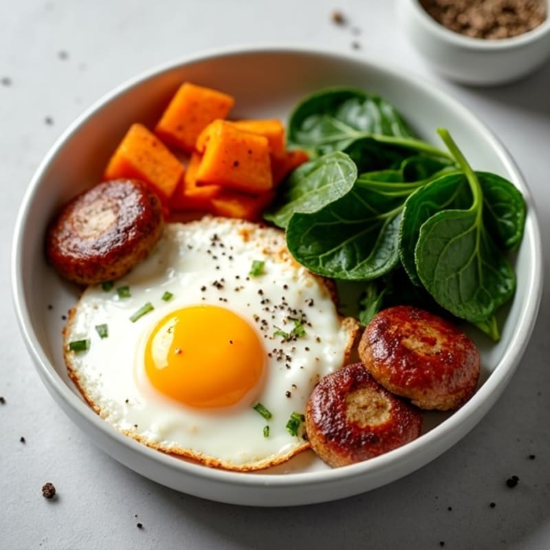 Hearty Egg and Lean Chicken Sausage Skillet with Crispy Sweet Potatoes