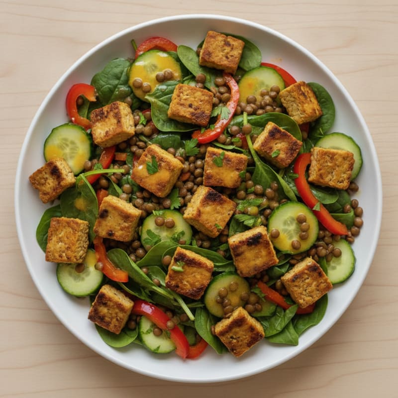 Grilled Tempeh and Lentil Power Salad with Crunchy Vegetables
