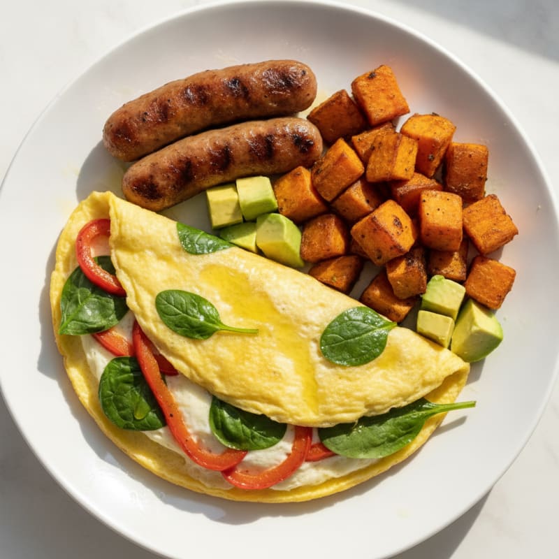Egg White Veggie Omelette with Turkey Sausage and Roasted Sweet Potatoes