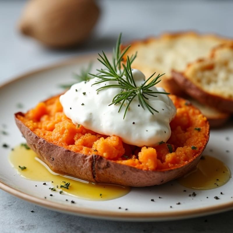 Herb-Roasted Sweet Potato with Greek Yogurt Protein Topping