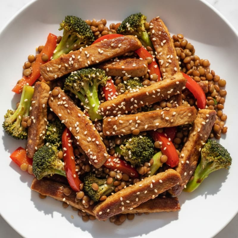 Lentil and Seitan Stir Fry with Broccoli and Bell Peppers