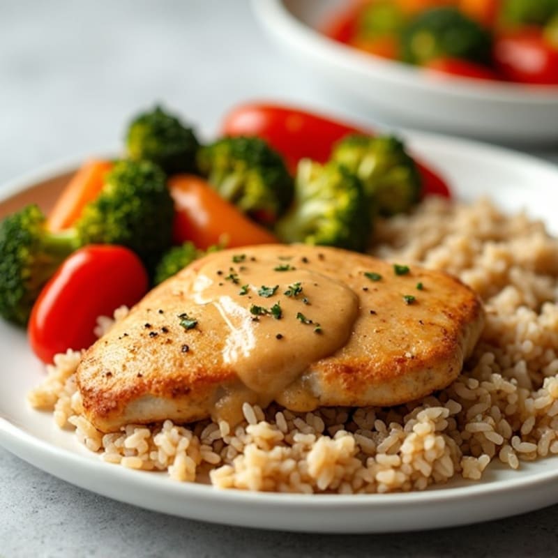 Creamy Peanut Chicken with Roasted Vegetables and Brown Rice