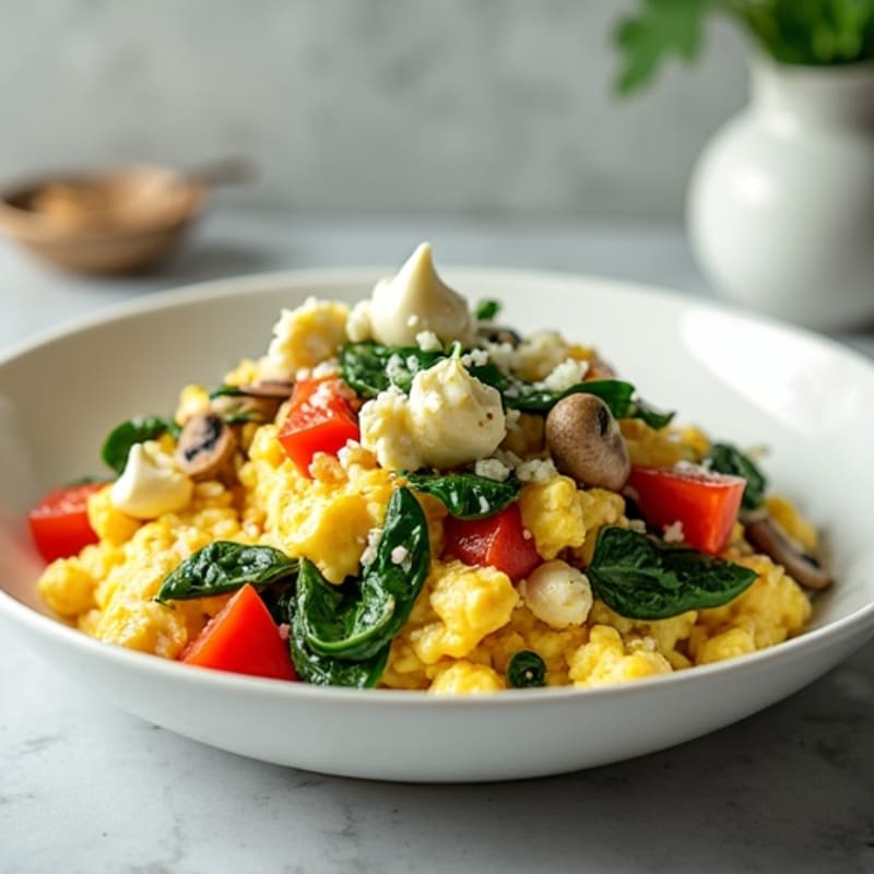 Egg White Veggie Scramble with Cottage Cheese and Fresh Spinach