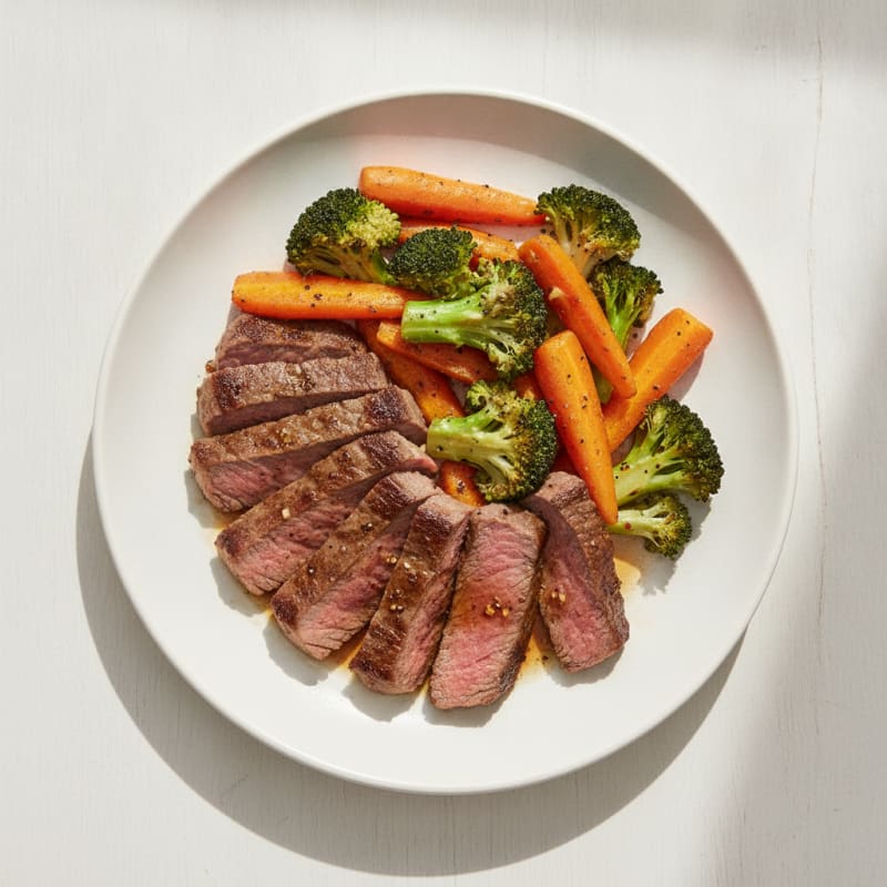 Seared Lean Beef with Roasted Broccoli and Carrots