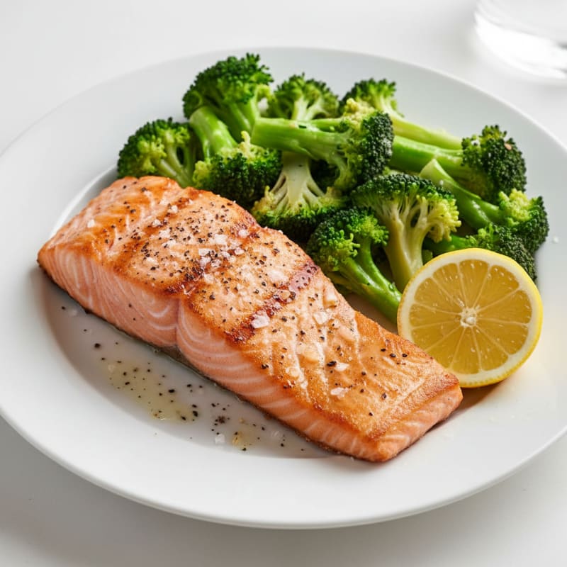 Seared Salmon with Steamed Broccoli and Lemon
