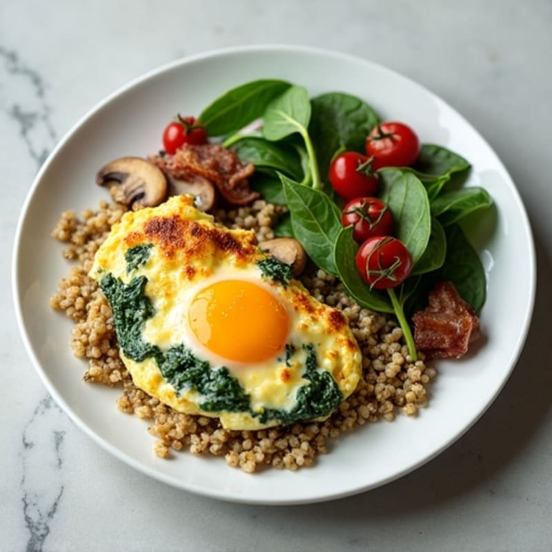 Egg White Spinach Scramble with Sautéed Mushrooms and Turkey Bacon