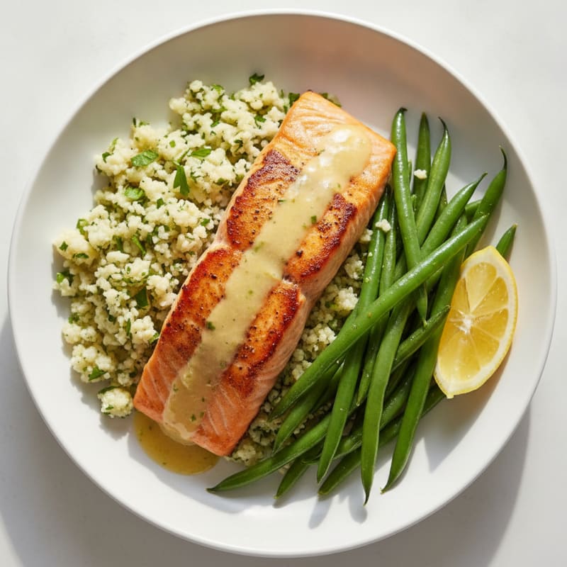 Seared Salmon Fillet with Herbed Cauliflower Rice and Green Beans