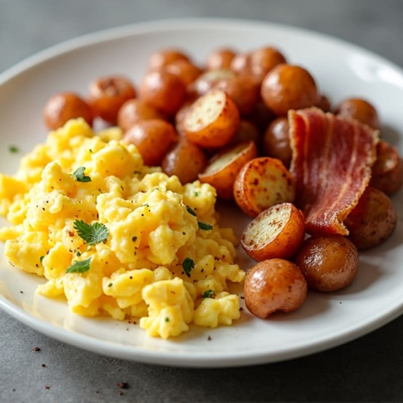 Crispy Roasted Potatoes with Scrambled Eggs and Turkey Bacon