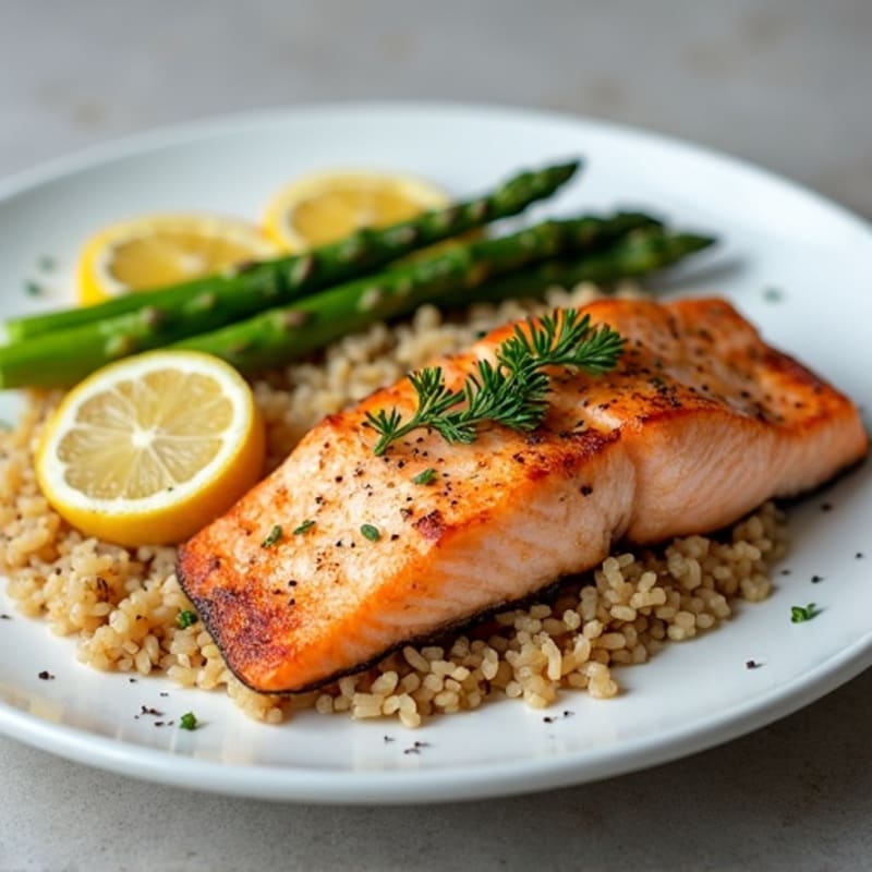 Seared Salmon with Steamed Asparagus and Brown Rice