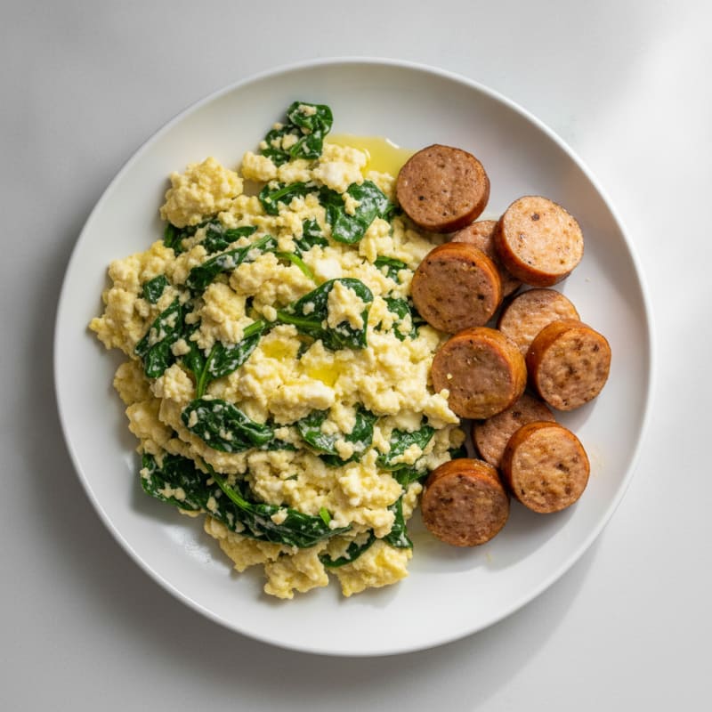 Cottage Cheese Egg Scramble with Spinach and Grilled Turkey Sausage