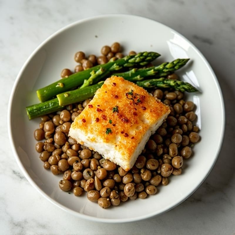 Crispy Baked Cod with Roasted Asparagus and Lentils