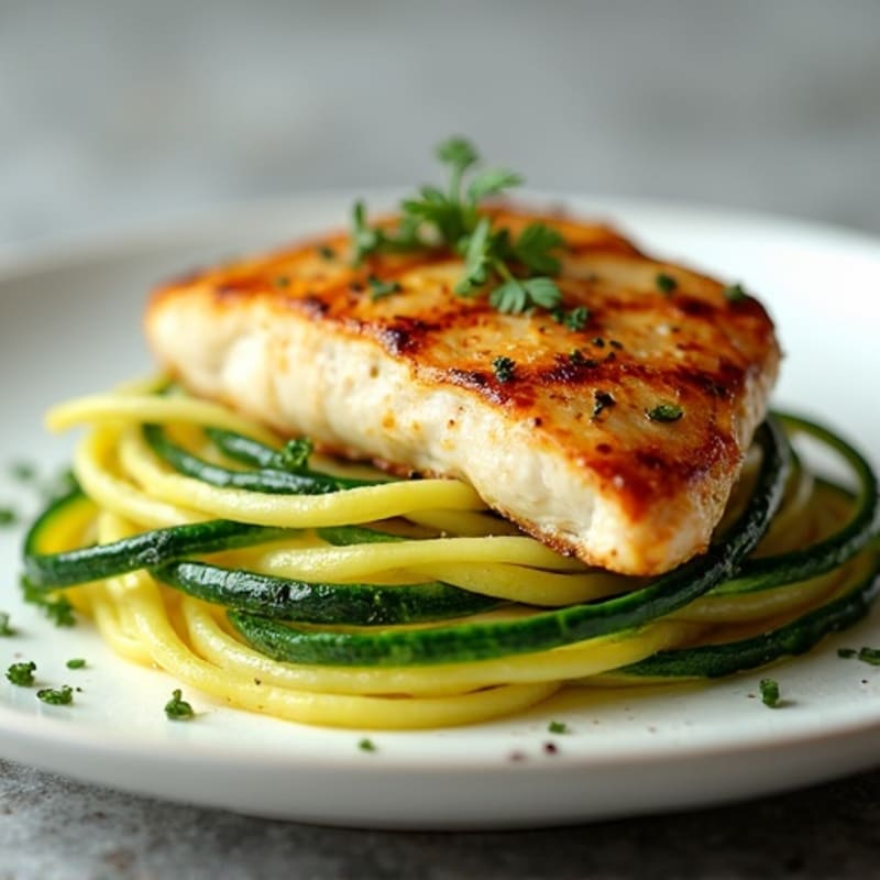 Lemon Garlic Pan Seared Chicken Breast with Zucchini Noodles
