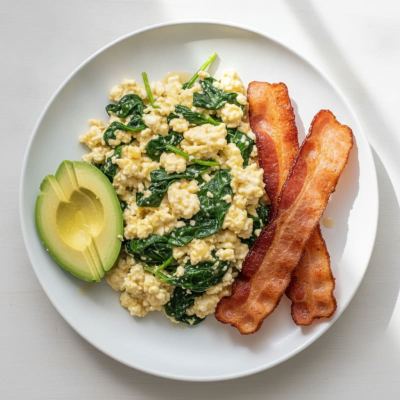 Cottage Cheese Egg Scramble with Spinach and Turkey Bacon