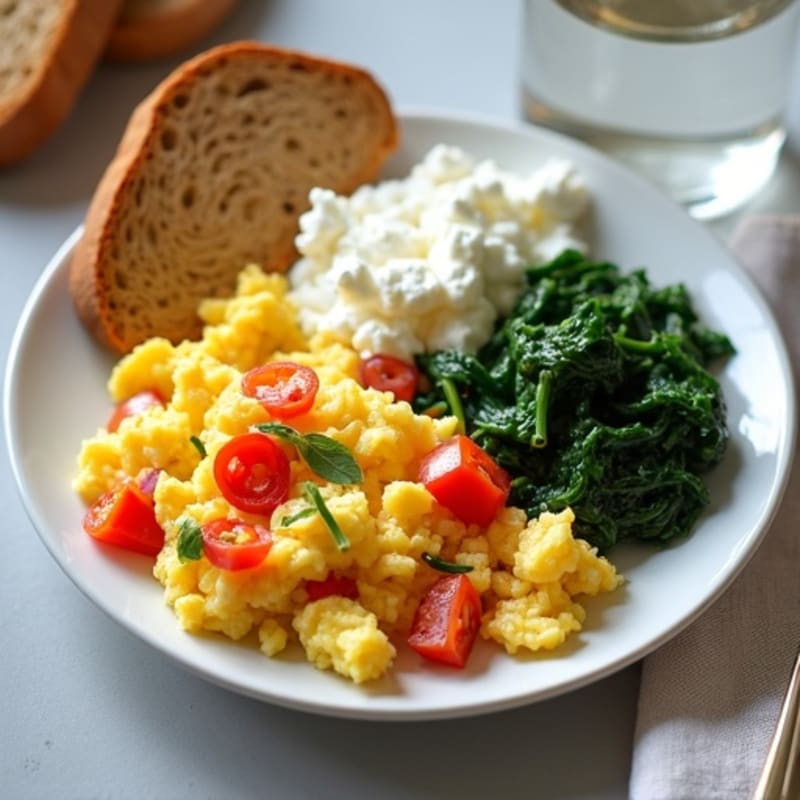Egg White Veggie Scramble with Cottage Cheese and Sautéed Spinach