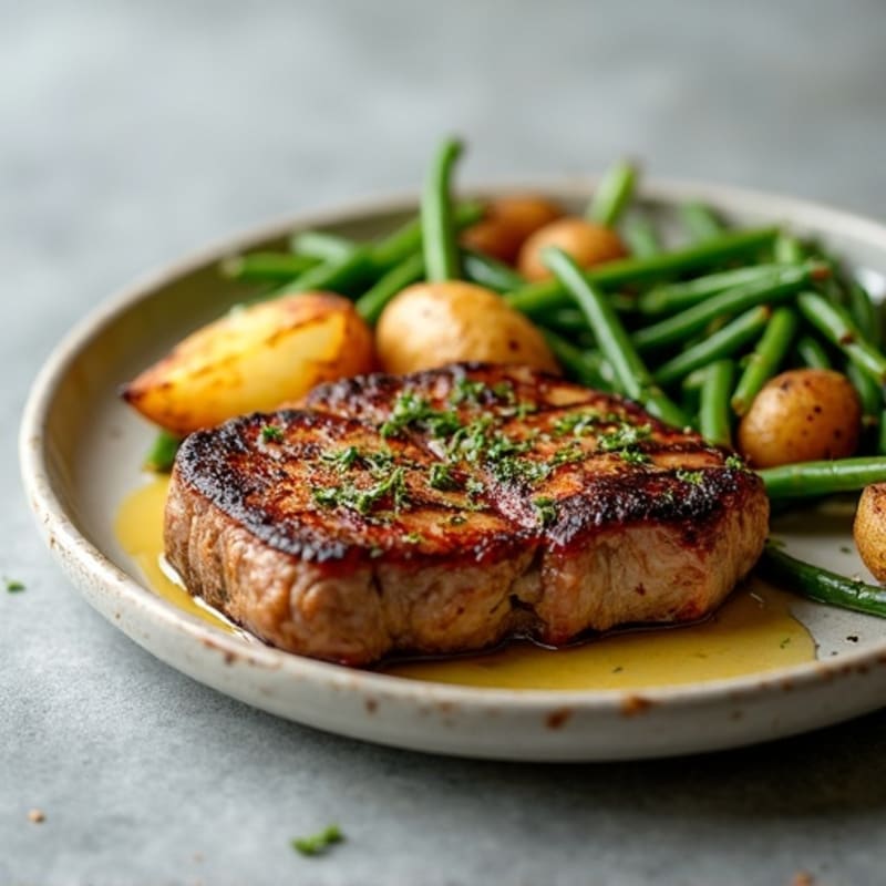 Pan-Seared Garlic Butter Steak with Crispy Roasted Potatoes and Green Beans