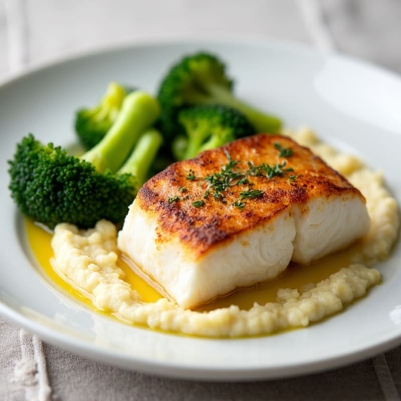 Seared Cod with Steamed Broccoli and Cauliflower Mash