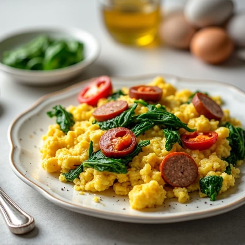 Savory Egg Scramble with Lean Turkey Sausage and Fresh Spinach