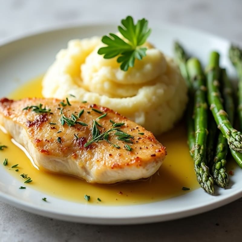 Pan-Seared Lemon-Herb Chicken with Creamy Garlic Mashed Potatoes and Crispy Roasted Asparagus