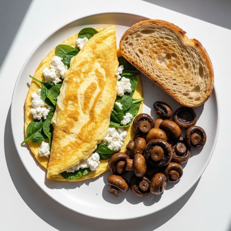 Egg White Spinach Omelette with Cottage Cheese and Sautéed Mushrooms