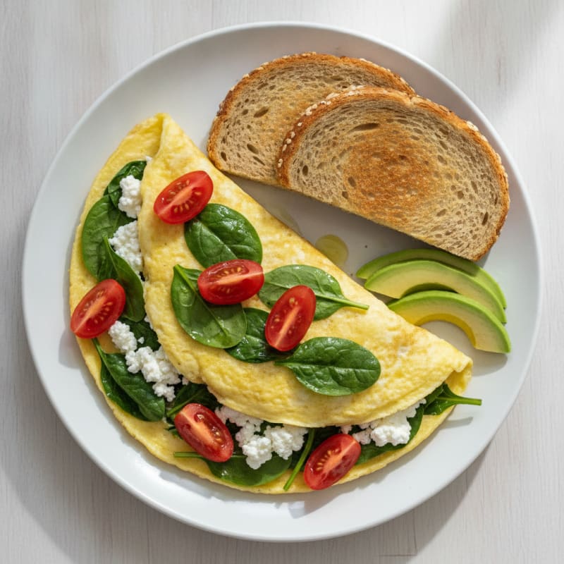 Egg White Spinach Omelette with Cottage Cheese and Fresh Tomatoes