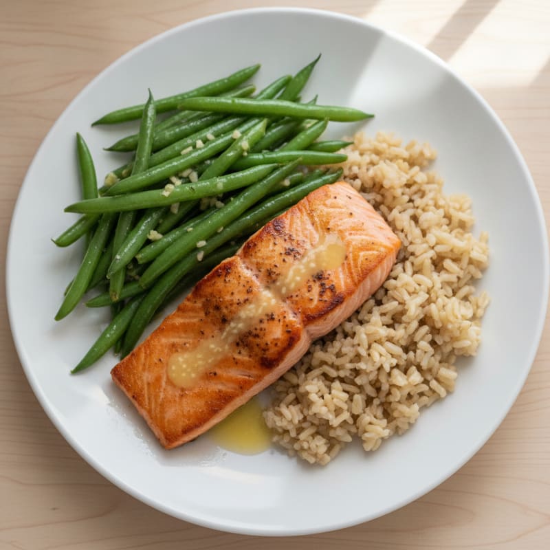 Seared Salmon with Garlic Green Beans and Brown Rice