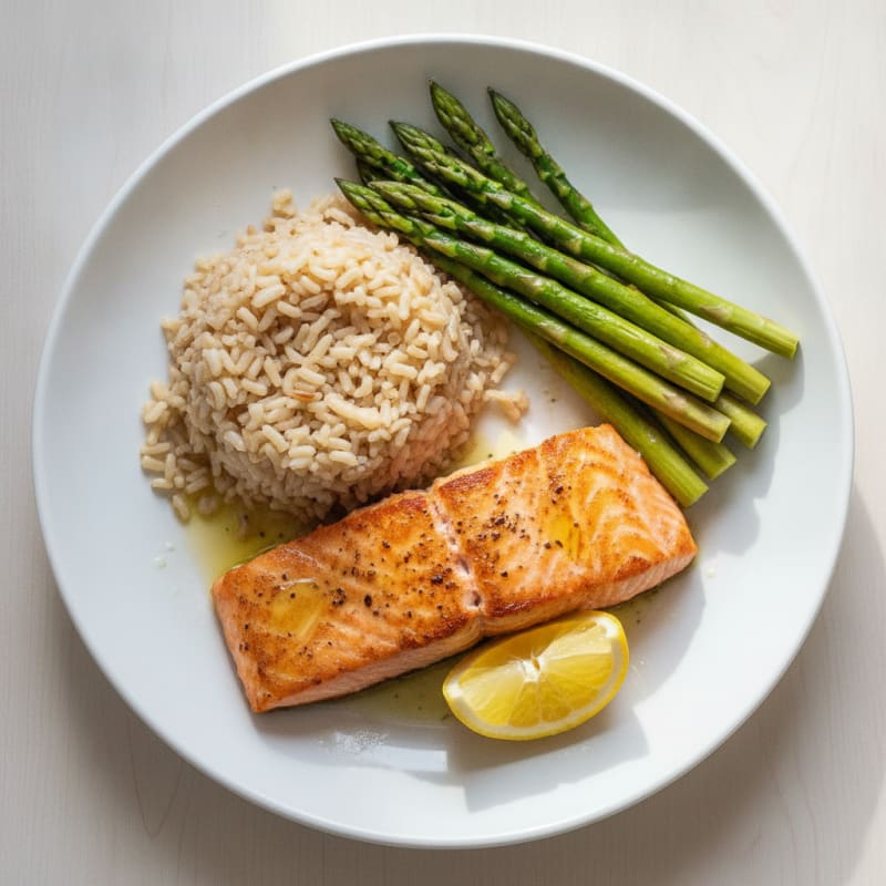 Seared Salmon with Steamed Asparagus and Brown Rice