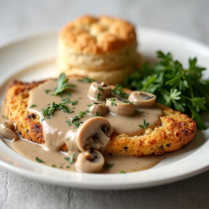Herb-Roasted Chicken with Creamy Mushroom Gravy and Fluffy Whole Wheat Biscuits