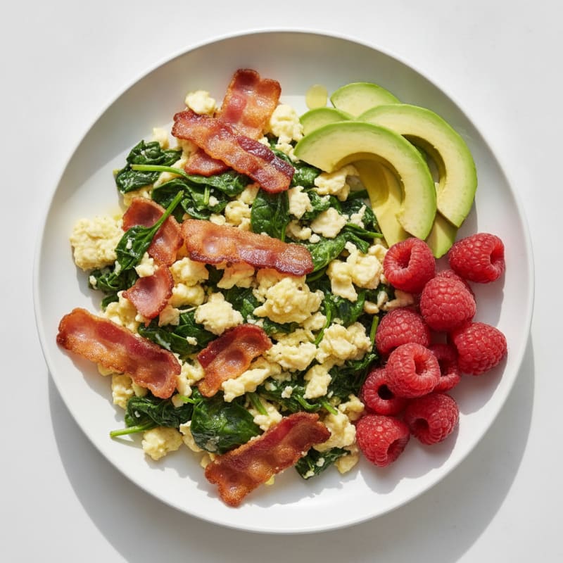 Crispy Turkey Bacon Egg White Scramble with Spinach