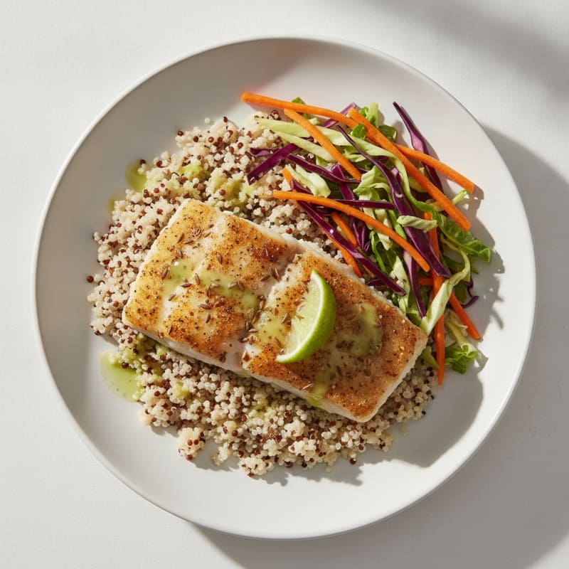 Seared Cod with Crunchy Cabbage Slaw and Quinoa