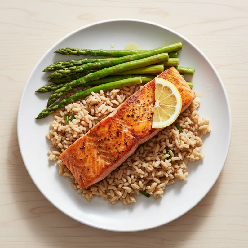 Seared Salmon with Steamed Asparagus and Brown Rice