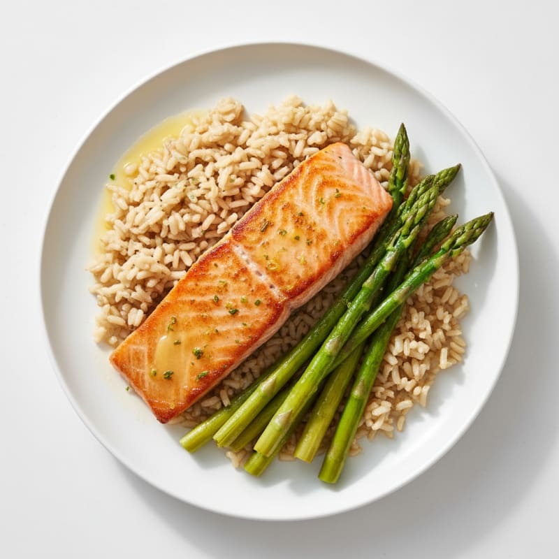 Seared Salmon with Steamed Asparagus and Brown Rice
