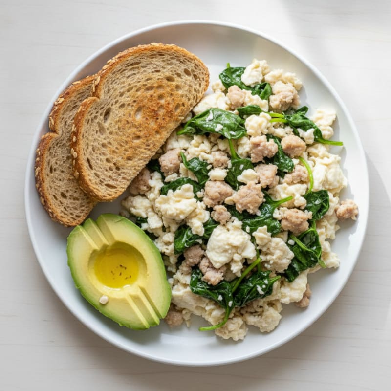 Egg White and Turkey Sausage Scramble with Sautéed Spinach