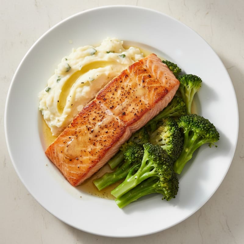Seared Salmon with Garlic Mashed Potatoes and Steamed Broccoli