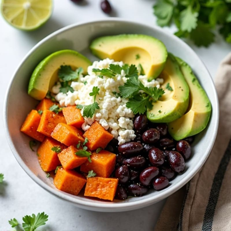 Roasted Sweet Potato and Black Bean Bowl with Creamy Avocado Dressing
