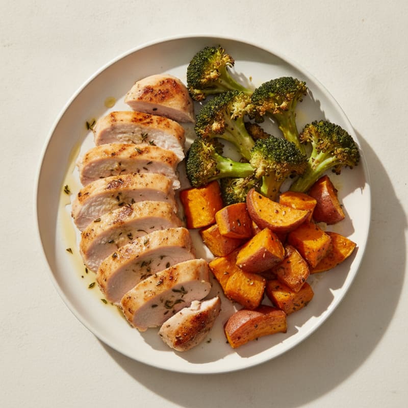 Seared Turkey Breast with Roasted Broccoli and Sweet Potato