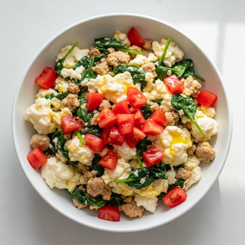 Egg White and Turkey Spinach Scramble with Fresh Tomatoes