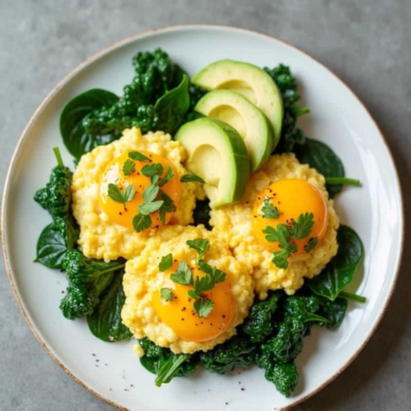 Fluffy Scrambled Eggs with Sautéed Spinach and Sliced Avocado