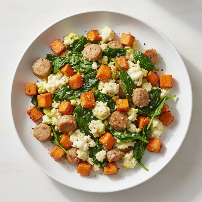 Egg White and Turkey Sausage Scramble with Spinach and Sweet Potato