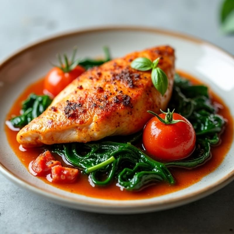 Spicy Tomato-Braised Chicken with Sautéed Greens
