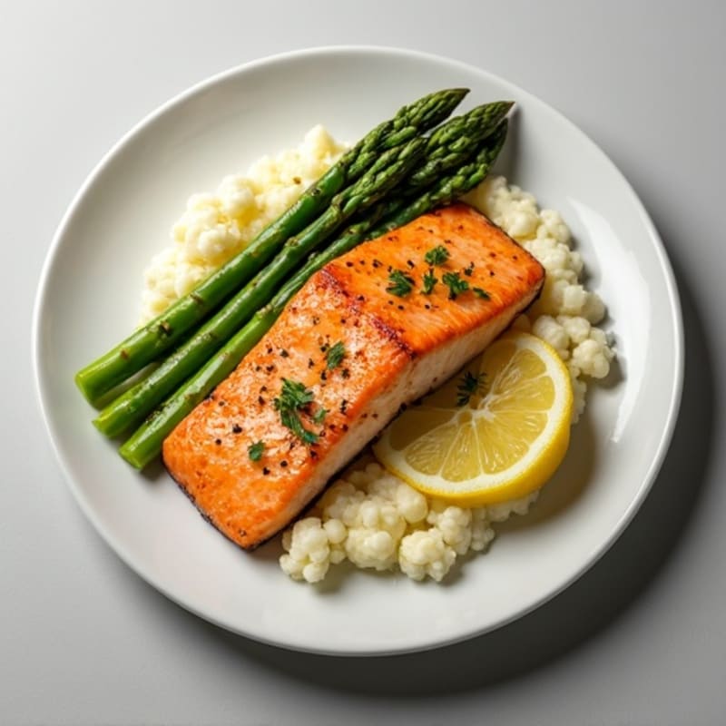 Seared Salmon with Lemon Garlic Asparagus and Cauliflower Mash