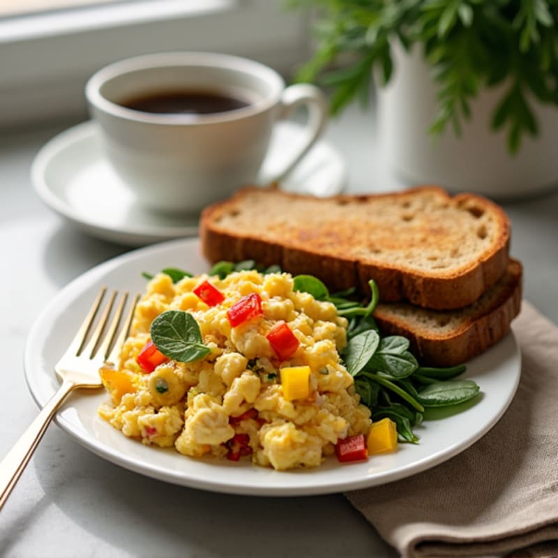 Egg White Veggie Scramble with Toasted Bread & Coffee