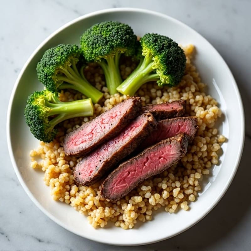 Seared Lean Beef Strips with Roasted Broccoli and Quinoa